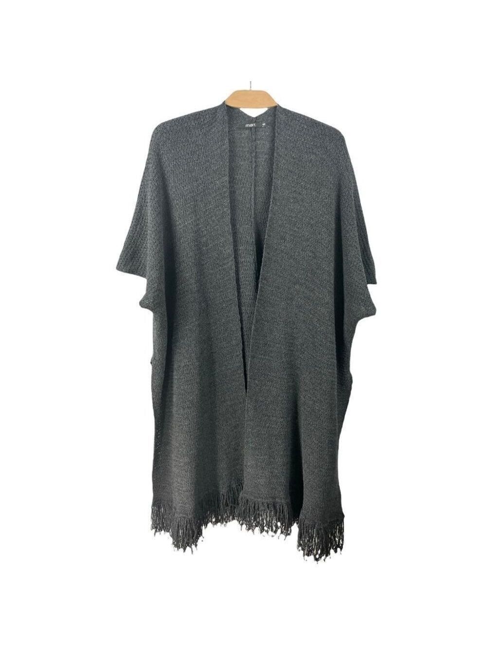 mat Charcoal Grey Wool Blend Knitted Longline Shawl Cardigan Size S/M